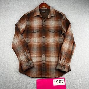 Express Flannel Shirt Brown Plaid Pocket Casual Button Up Long Sleeve Mens Small